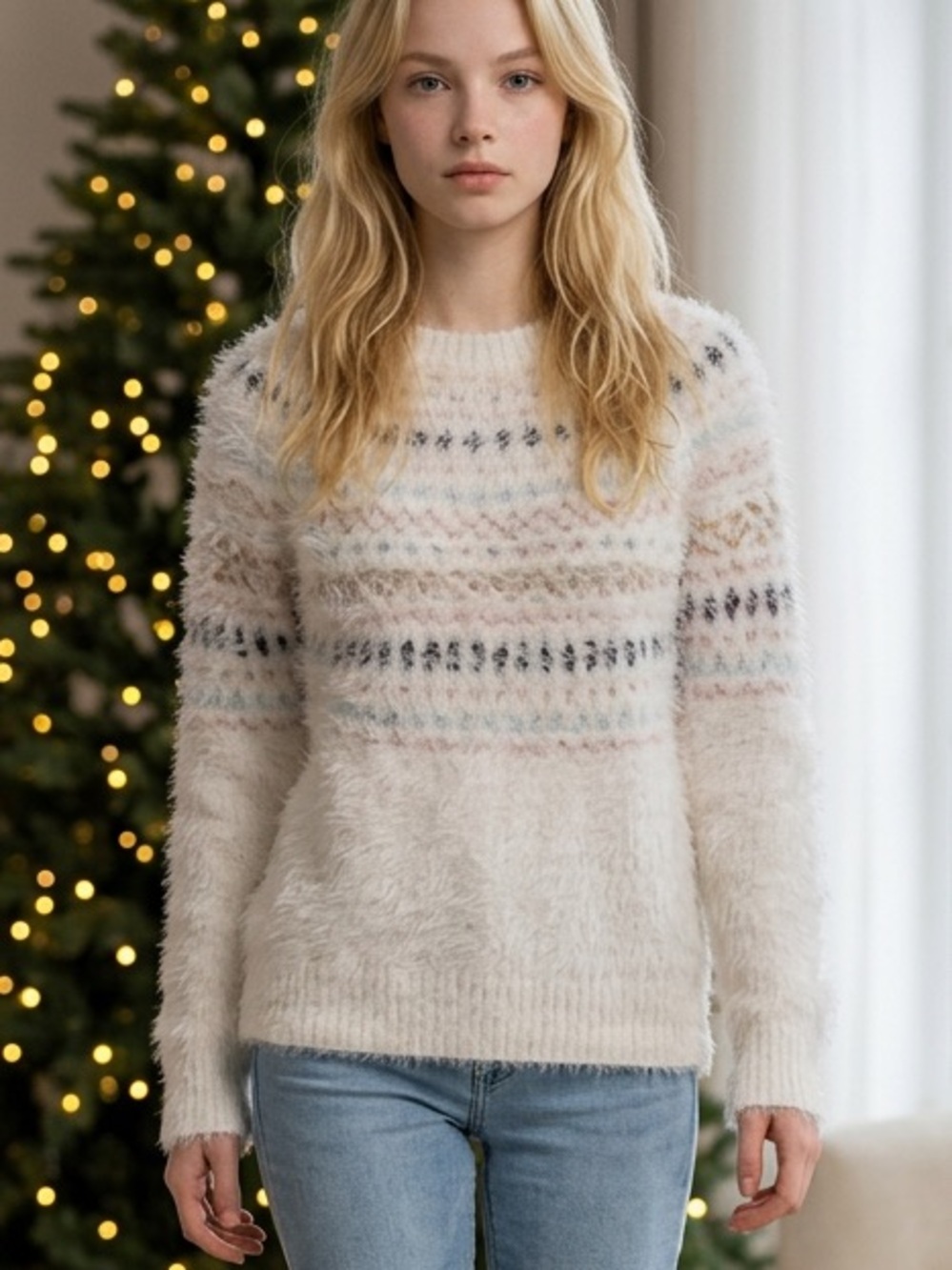 Tribal Jeans Eyelash Knit Fair Isle Sweater XS Fuzzy Pastel Winter